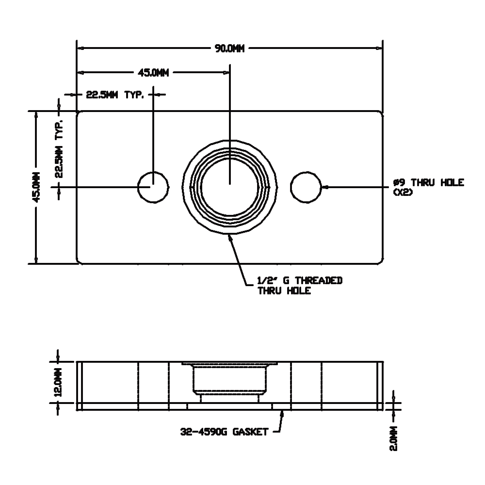 32-459012G-1SS MODULAR SOLUTIONS PNEUMATIC PLATE 45MM X 90MM WITH GASKET 1/2 G THREADED CENTER THRU HOLE